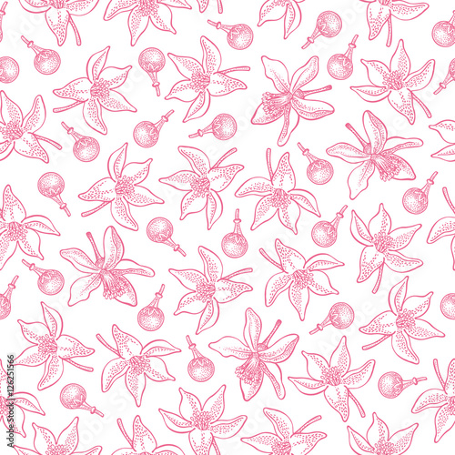 Seamless pattern with lemon flowers and buds on white background. Vector hand drawn pattern. Good for packing design, textile industry, wallpapers and backgrounds.