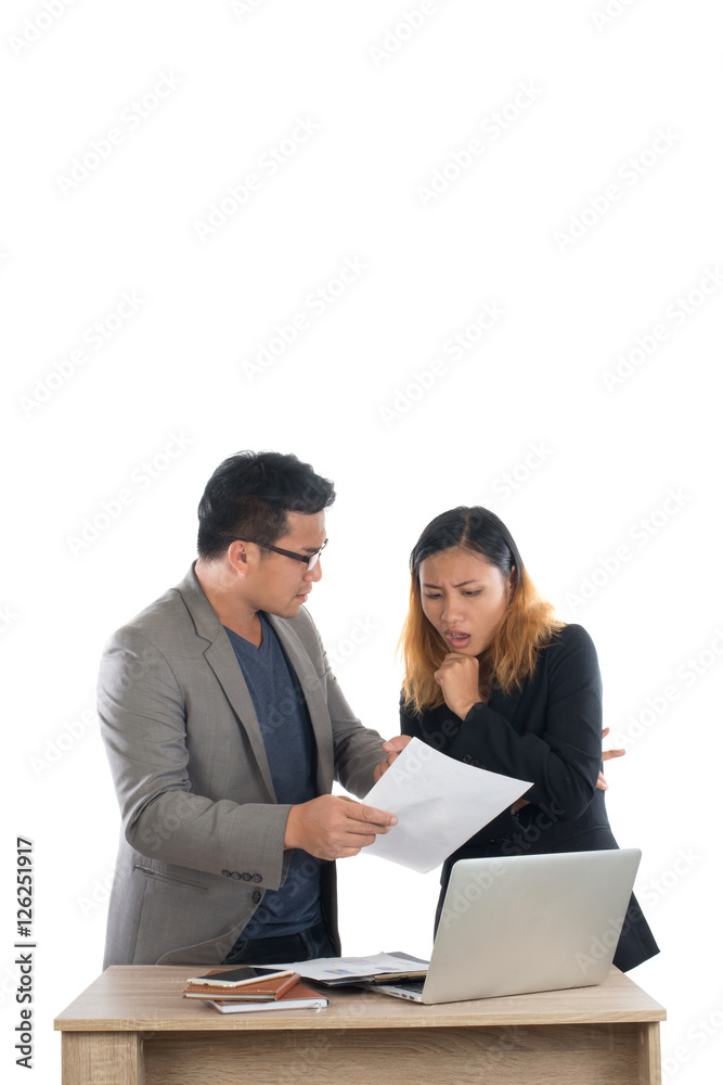 Young business woman standing with her boss conversation about t