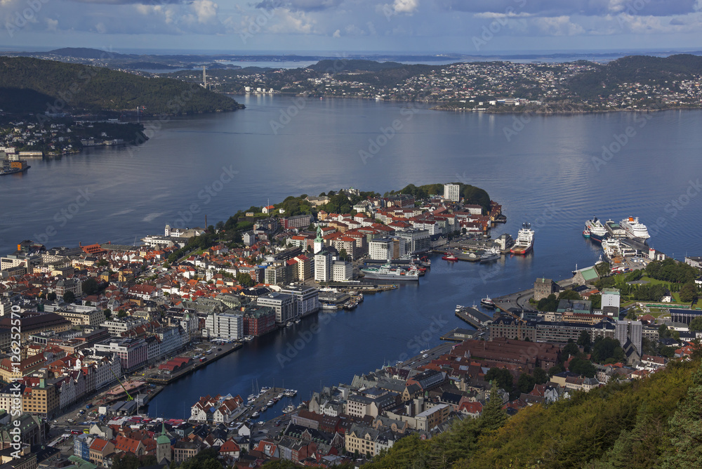 Landscape of Bergen city from above, Norway