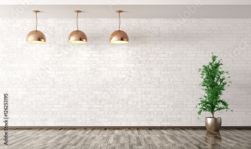 Fototapeta Naklejka Na Ścianę i Meble -  Room with copper metal lamps over white brick wall 3d rendering