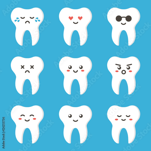 Flat design cartoon cute tooth character with different facial expressions, emotions. Set, collection of emoji isolated on white background.