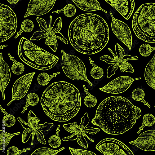 Seamless pattern with lemons, flowers and leaves on black background. Vector hand drawn monochrome pattern. Good for packing design, textile industry, wallpapers and backgrounds.
