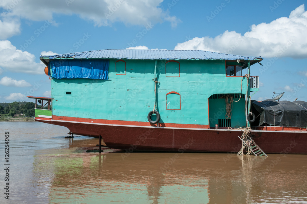 Stern of Iron transportation boat in Mae Khong River,Laos.