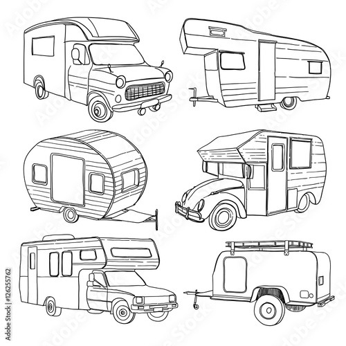 illustration of isolated Hand Drawn, doodle Camper, car Recreati