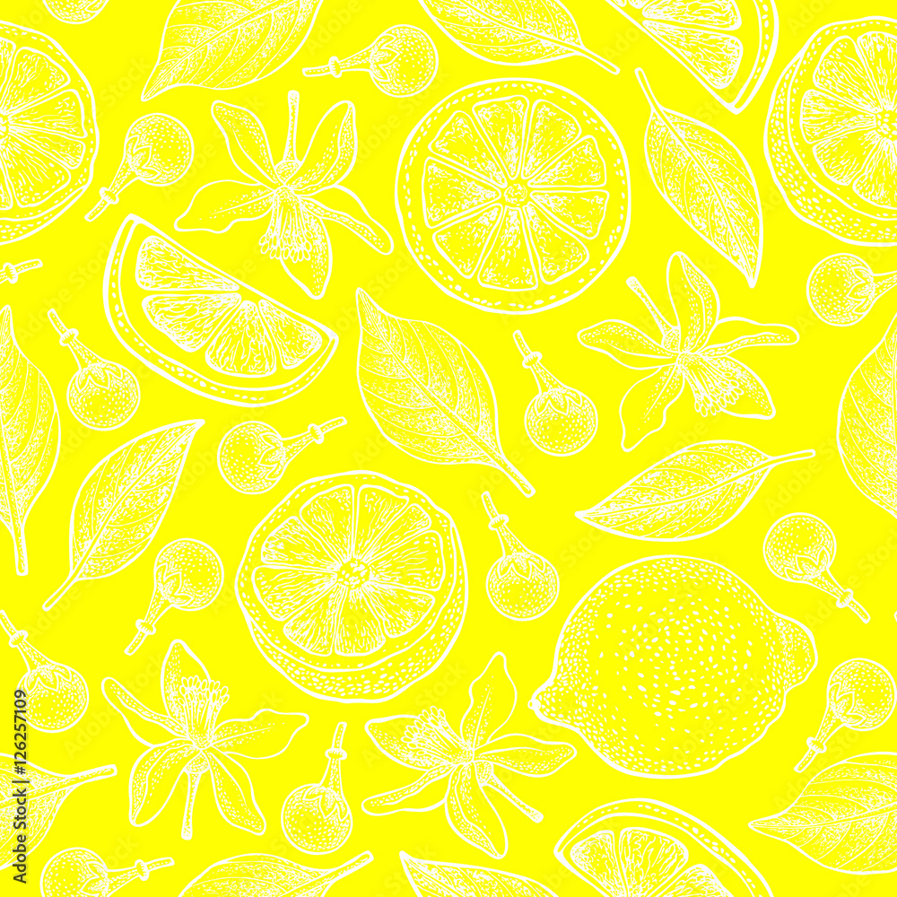 Seamless pattern with lemons, flowers and leaves on yellow background. Vector hand drawn pattern. Good for packing design, textile industry, wallpapers and backgrounds.