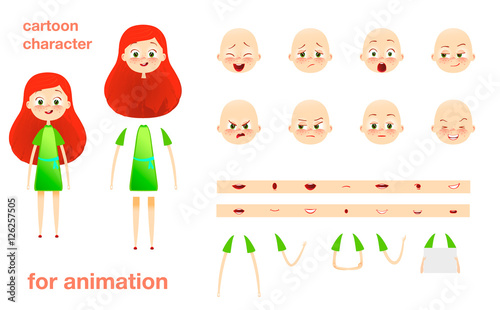 Schoolgirl. Character design for animation. Parts of body template elements. Kids face with emotions. Girl cartoon animated vector illustration. Isolated on white background. Set of mouth, hands.