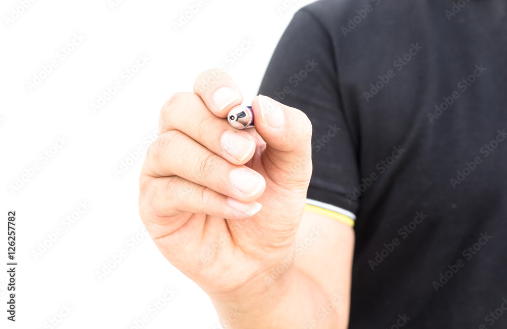Hand with pen isolated on white background