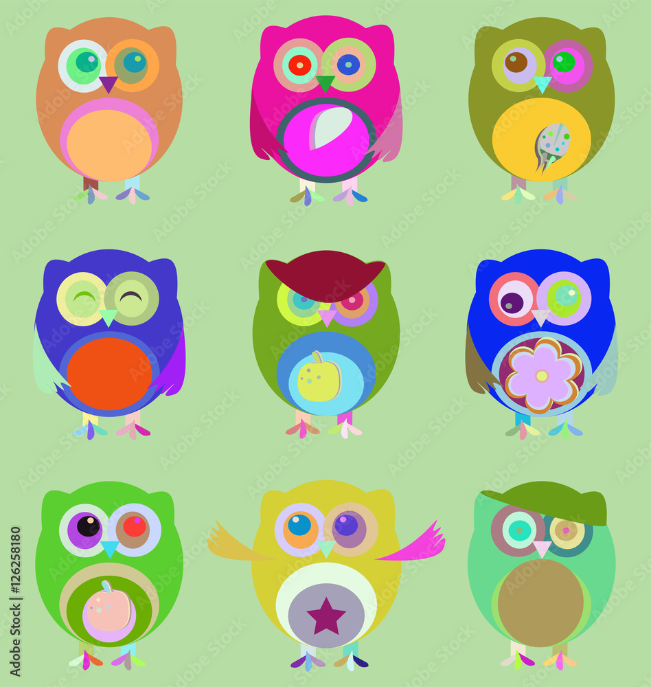 Set of nine cartoon owls with various emotions