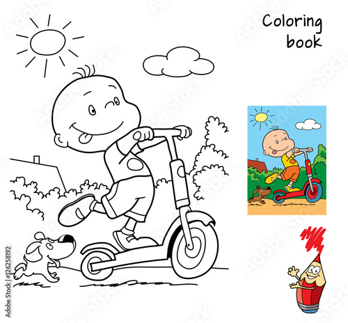 Happy boy riding a scooter. Coloring book. Cartoon vector illustration © Leh
