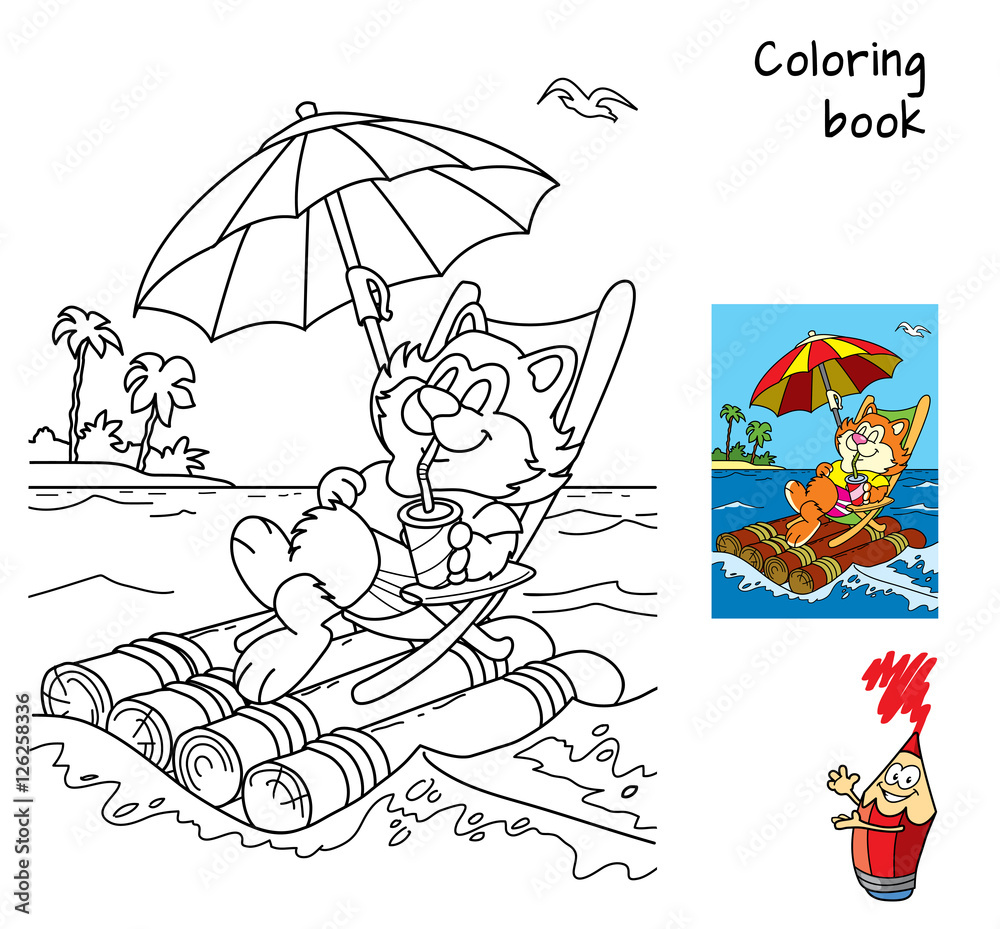 Cute cartoon fat cat in a deckchair floats by sea on a raft with umbrella.  Coloring book. Vector illustration Stock Vector | Adobe Stock