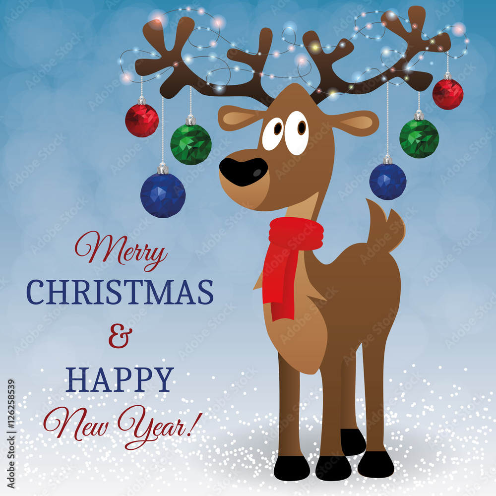 Merry Christmas card with cartoon deer, tree toys on big horns