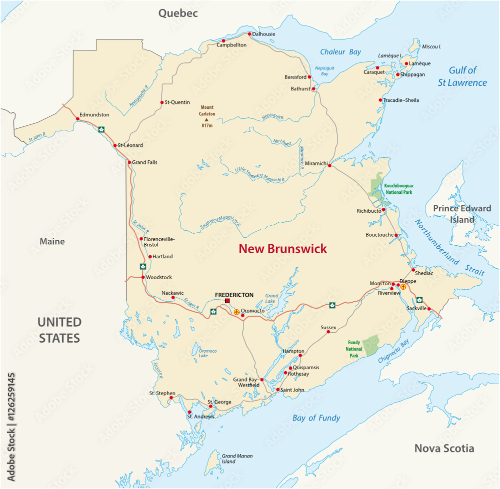 Road map of the canada atlantic province new brunswick