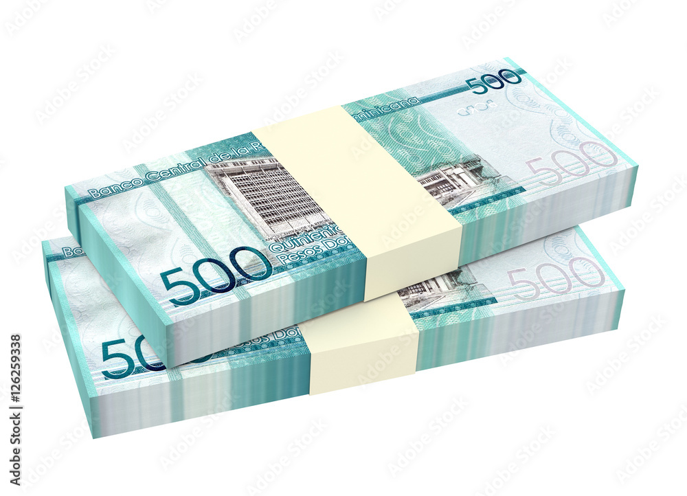 Dominican peso bills isolated on white background. 3D illustration. Dominican peso bills isolated on white background. 3D illustration.