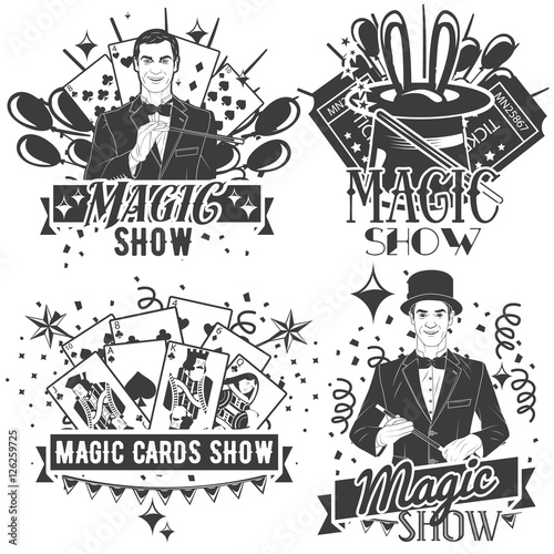 Vector set of magic show labels in vintage style isolated on white background