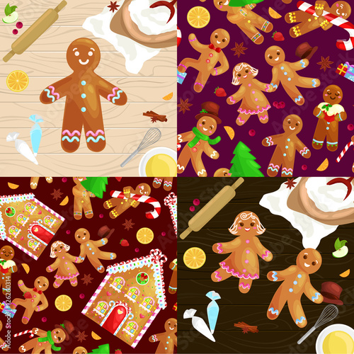 set christmas cookies gingerbread man and girl near sweet house decorated with icing dancing and having fun in a cap with the Christmas tree and gifts, xmas sweet food vector illustration