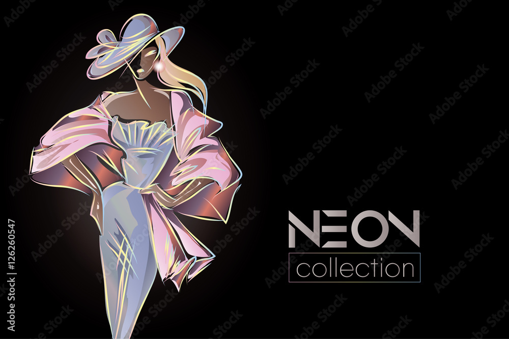 Fashion woman model, neon color boutique logo background. Hand drawn vector - obrazy, fototapety, plakaty 