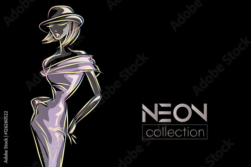 Fashion woman model, neon color boutique logo background. Hand drawn vector