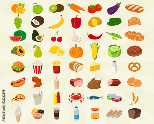 Food icons set. Fruits and Vegetables icons. Fast food icons. Modern flat design. Vector
