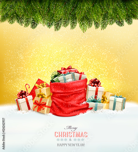 Holiday Christmas background with a sack full of gift boxes and