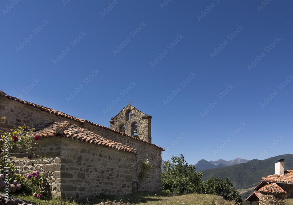 Romanesque church in small town. North of Spain. Cantabria.