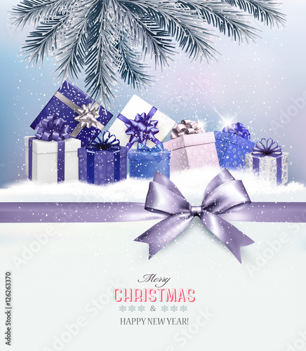 Holiday Christmas background with presents.and a gift bow Vector