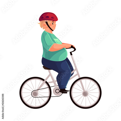Fat boy in helmet cycling, riding a bicycle, cartoon vector illustration isolated on white background. Obese, fat, chubby kid cycling, doing sport, getting fit, active lifestyle