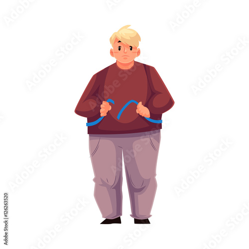 Fat man measuring himself with a tape and feeling sad with results, cartoon vector illustration isolated on white background. Overweight man measuring his weight, failed weight loss attempt
