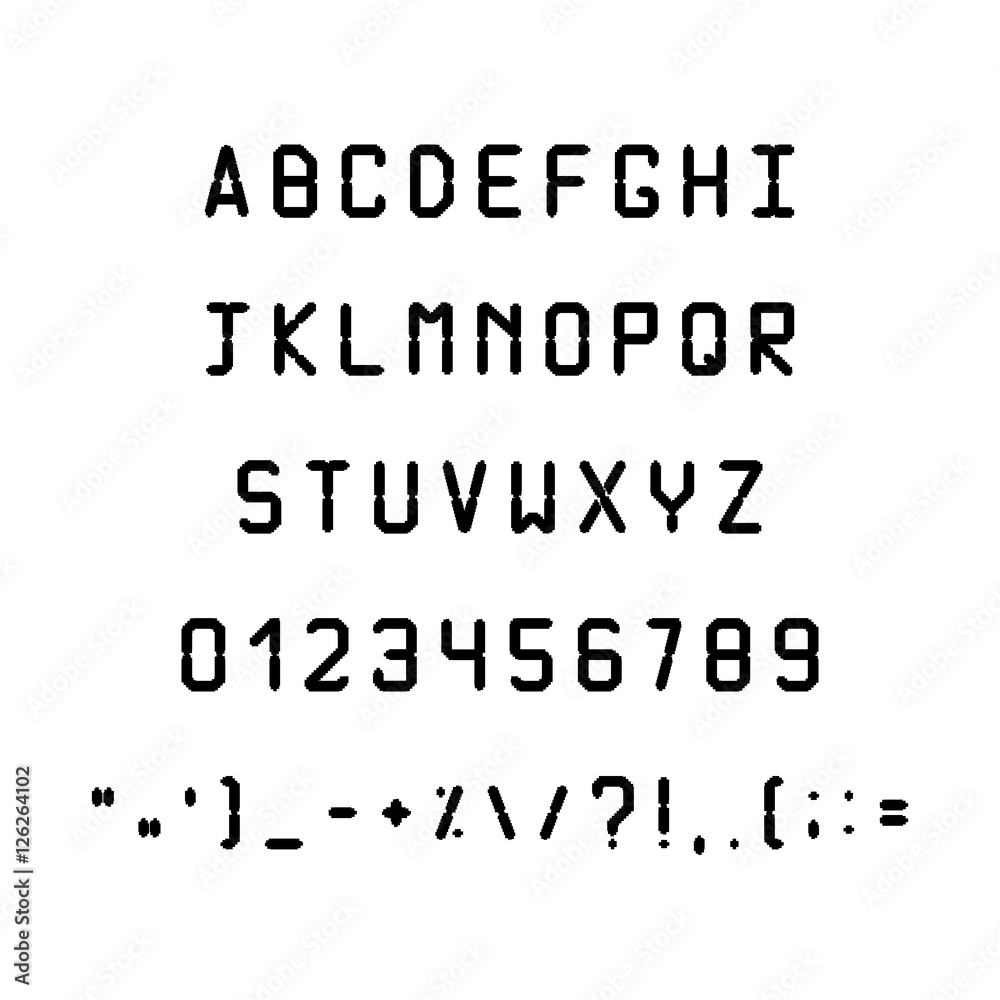 Printed black font. Simple Letters and symbols. Printed black font. Simple Letters and symbols.