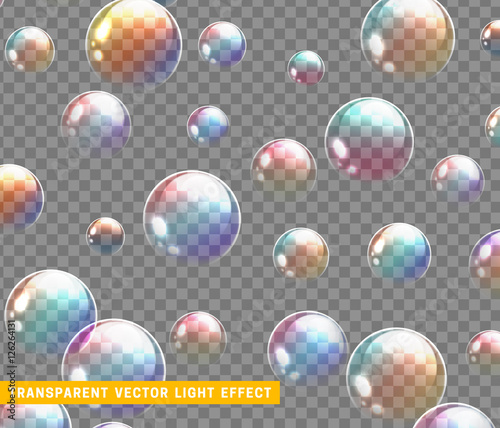 Bubbles soap realistic set isolated with transparent background vector illustration. Soap bubble rainbow reflection.
