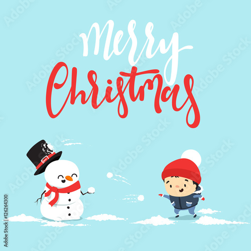 Snowman cartoon character playing snowball fight with the little boy. Cheerful snowman and boy Christmas mood. Cute winter characters in flat style. Character Christmas greeting cards and web banners