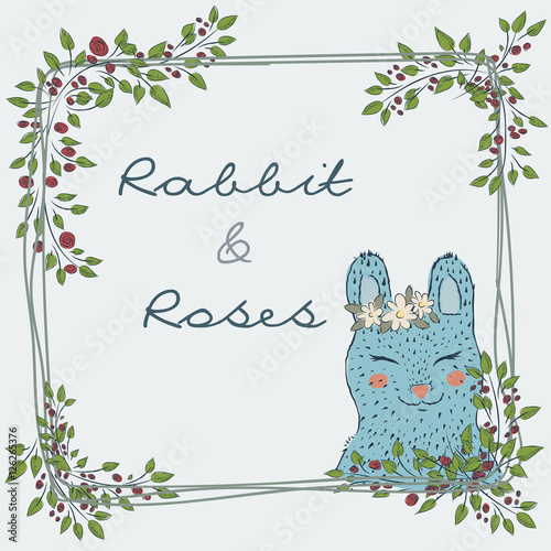 Fotografija Collection of hand-drawn cute natural frame from branches of a rose with a blue rabbit
