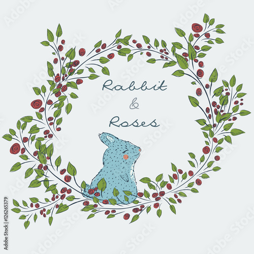 Slika na platnu Collection of hand-drawn cute natural frame from branches of a rose with a blue rabbit