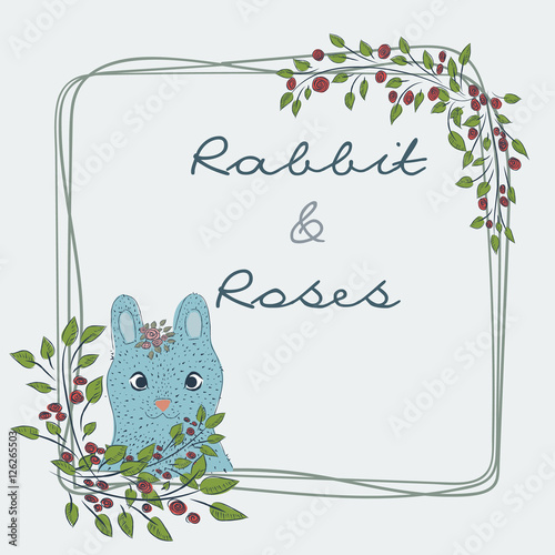 Slika na platnu Collection of hand-drawn cute natural frame from branches of a rose with a blue rabbit