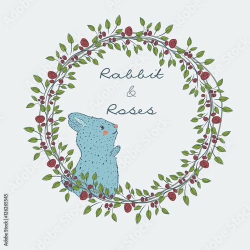 Slika na platnu Collection of hand-drawn cute natural frame from branches of a rose with a blue rabbit