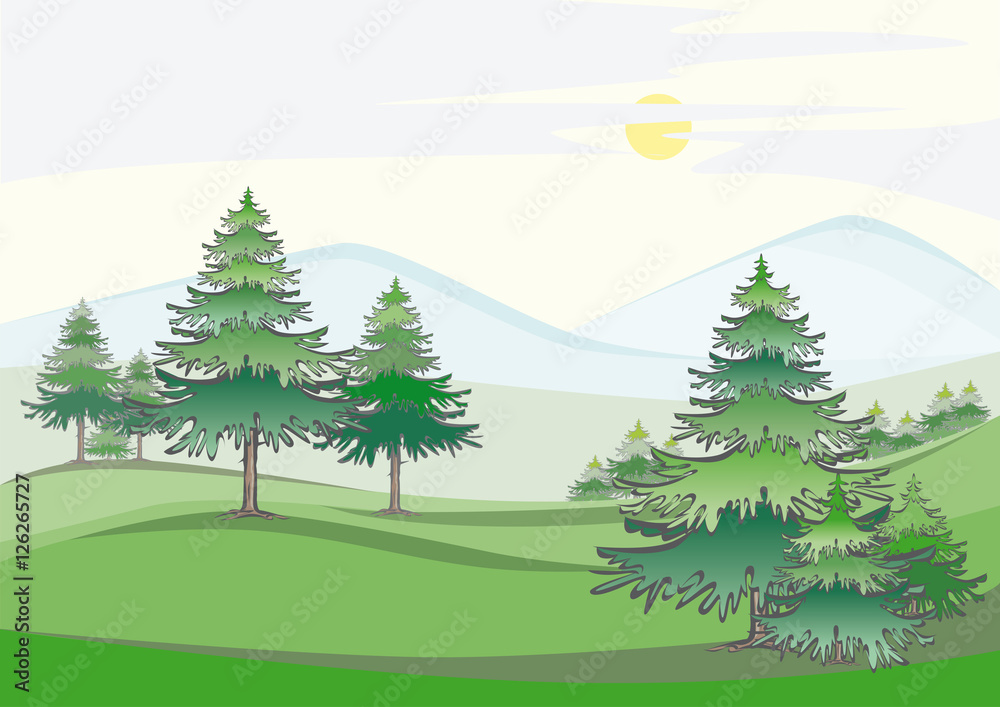 Vektor Illustration einer Landschaft Panorama Blick  Wiesen und Hügel Mittelgebirge Hintergrund