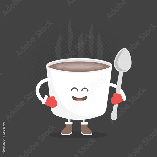 Kids restaurant menu cardboard character. Christmas and New Year winter style. Funny cute mug coffee drawn with a smile, eyes and hands. Dressed in Santa hat and warm gloves