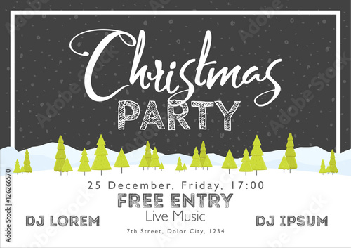 Christmas Festival and Party template. Snow tree mountains landscape horizontal background. Template for holidays, concerts and parties. Winter theme