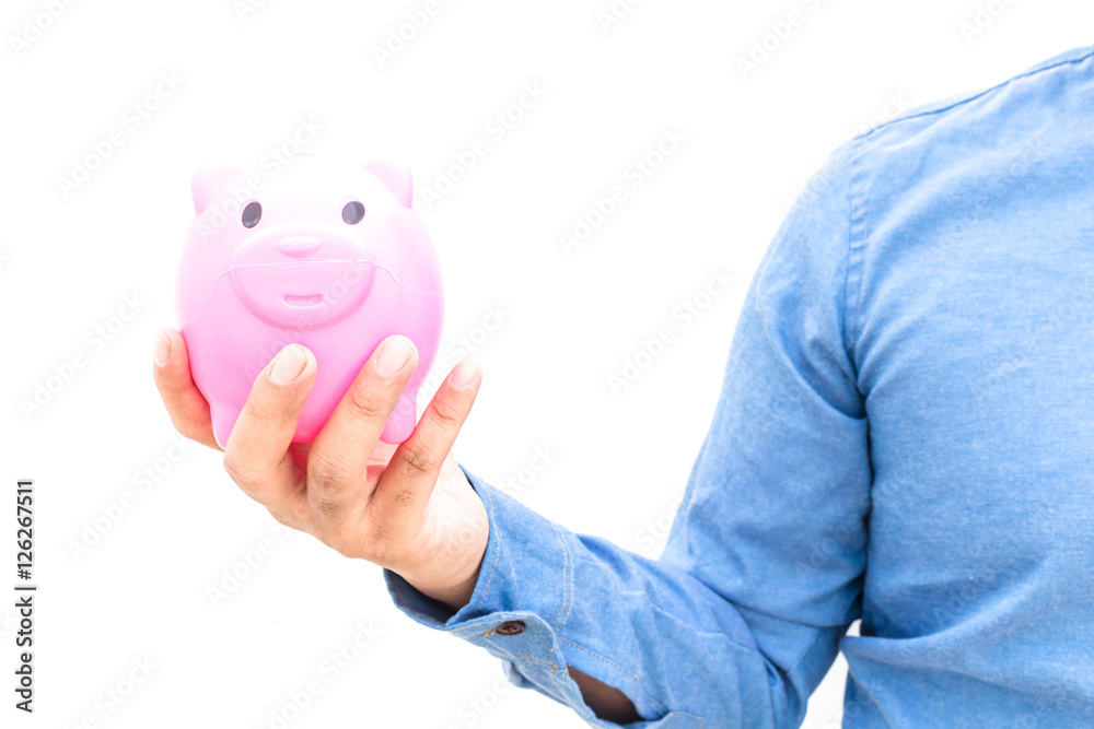 Business man holding piggy bank isolated on white background Business man holding piggy bank isolated on white background