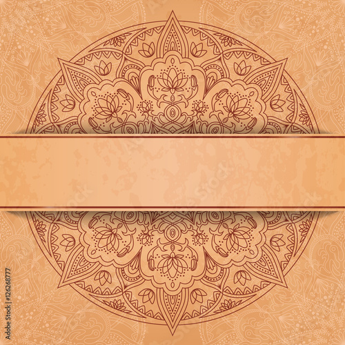 Square background with oriental round pattern and texture of old paper. Vector illustration.