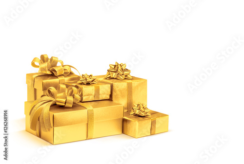 Celebration gold gift boxes isolated on white background