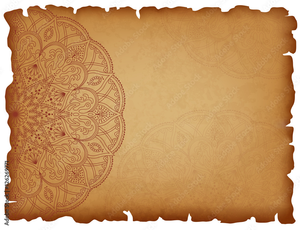 Old paper background with mandala. Horizontal background with round