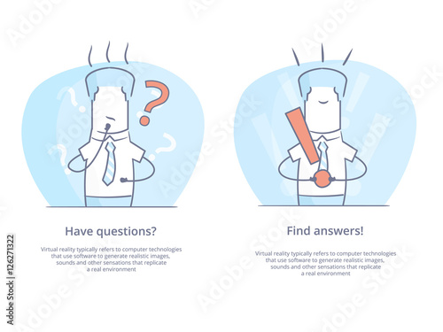 Premium Quality Line Icon And Concept Set: Thinking businessman looks up with hand near face and get idea in think.