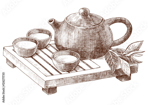 Traditional clay pot and pialats set for Chinese tea ceremony. Hand drawn illustration tea tray and pottery for traditional oriental tea party in vintage style. Vector 