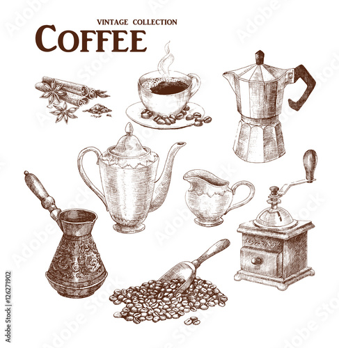 Coffee set. Hand drawn collection in vintage style. Vector illustration. 