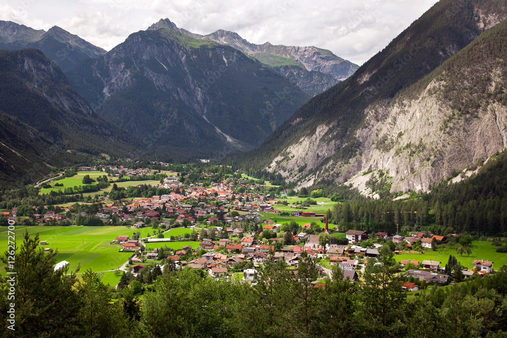 Panoramic mountain views of Dormitz and Nassereith village, Austria