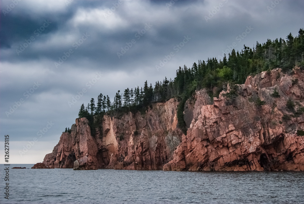 Trees, cliffs and ocean on the coast of Cape Breton