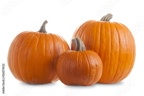 Three Pumpkins Isolated on White Background with Shadow photo