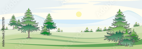Vektor Illustration einer Landschaft Panorama Blick über Wiesen und Berge auf einen See am Horizont