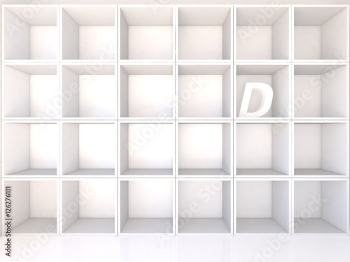 Empty white shelves with D