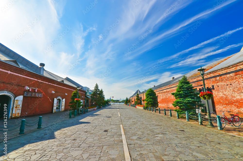 View of the red brick warehouses at the Hakodate port in Hakodate, Hokkaido, Japan